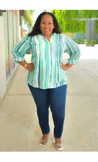 ZAC & RACHEL VASILY- Plus Size Stripe Split Neck Top with Sleeves