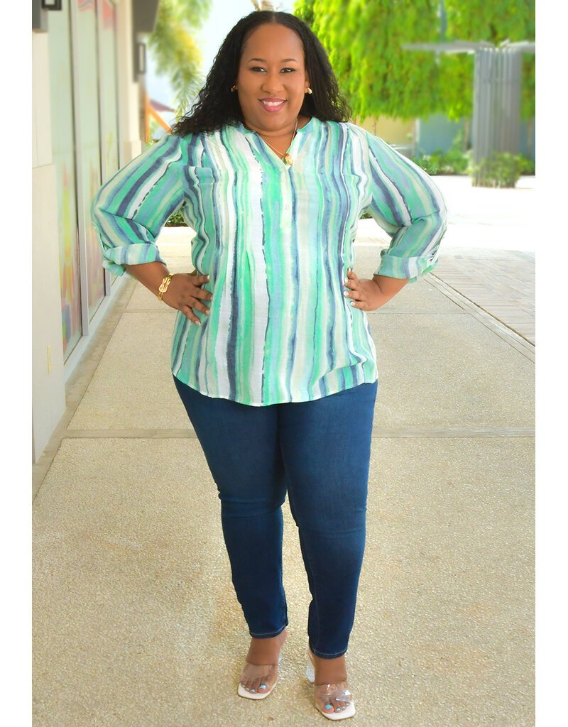 ZAC & RACHEL VASILY- Plus Size Stripe Split Neck Top with Sleeves