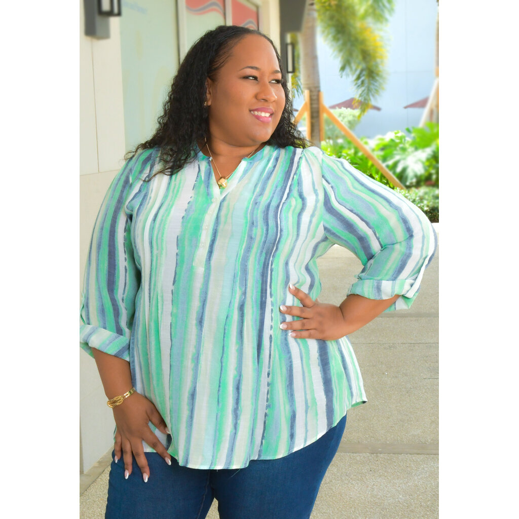 VASILY- Plus Size Stripe Split Neck Top with Sleeves