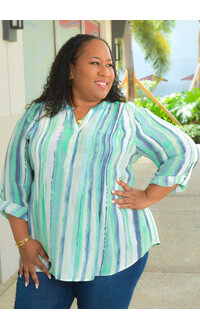 ZAC & RACHEL VASILY- Plus Size Stripe Split Neck Top with Sleeves