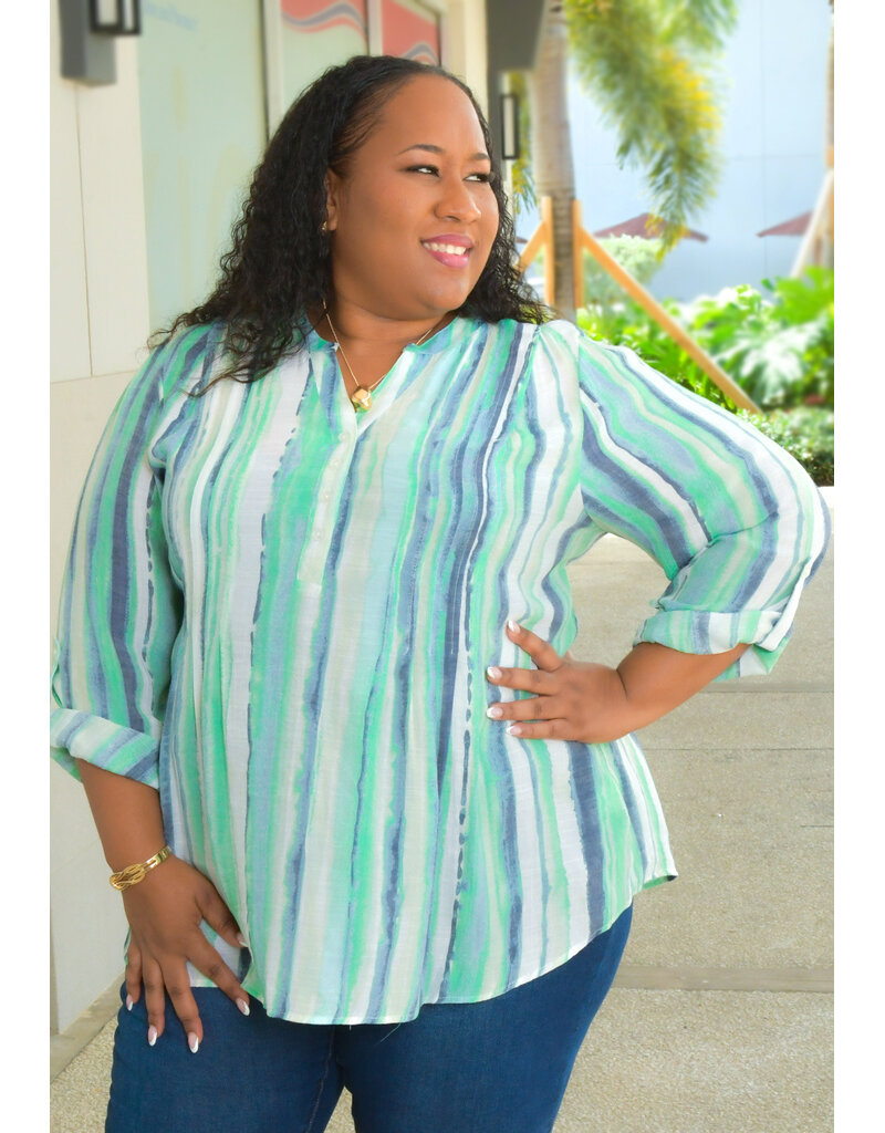 ZAC & RACHEL VASILY- Plus Size Stripe Split Neck Top with Sleeves