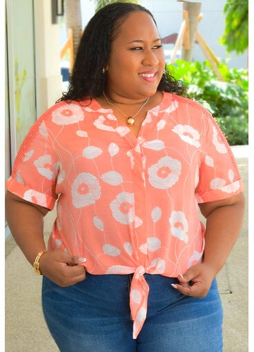 ZAC & RACHEL VARINI-Plus Size Printed V-Neck Top with Crochet Shoulder