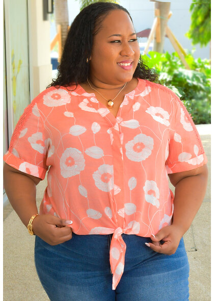 ZAC & RACHEL VARINI-Plus Size Printed V-Neck Top with Crochet Shoulder