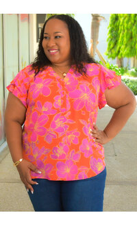 ZAC & RACHEL VANDAL- Plus Size Floral V Neck Top with Double Frill Sleeve