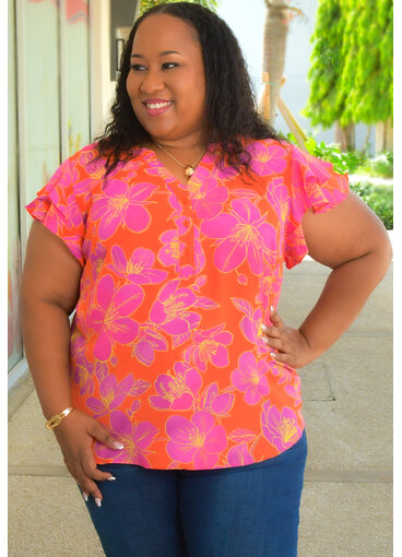 ZAC & RACHEL VANDAL- Plus Size Floral V Neck Top with Double Frill Sleeve