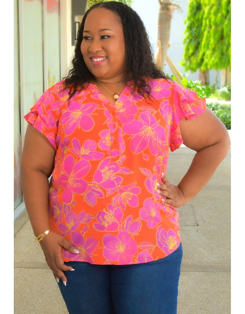 ZAC & RACHEL VANDAL- Plus Size Floral V Neck Top with Double Frill Sleeve
