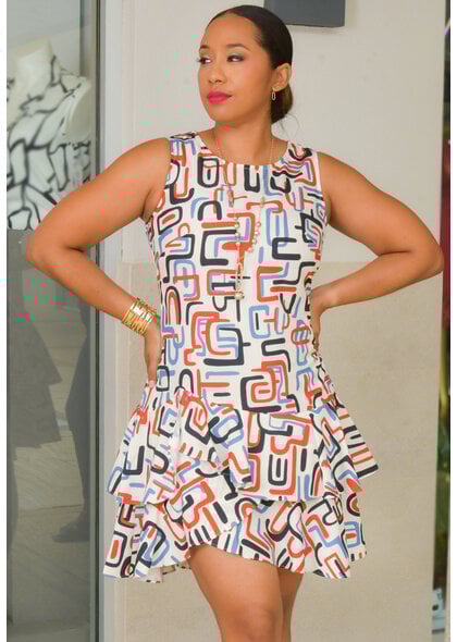 GLAMOUR RINGY- Printed Armhole Dress with Double Frill Hem