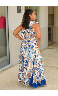 AMORE KALEL- Long Printed Dress with Frill on 1 Shoulder