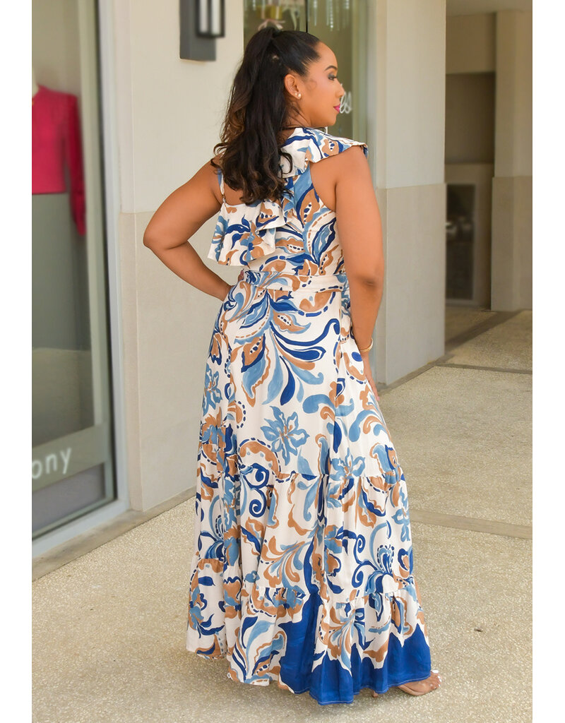 AMORE KALEL- Long Printed Dress with Frill on 1 Shoulder