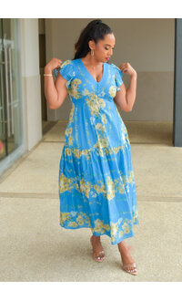 KARIO- Long Floral V-Neck Frill Arm Dress