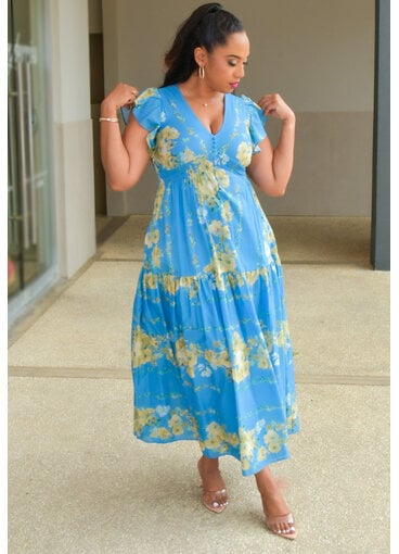 KARIO- Long Floral V-Neck Frill Arm Dress