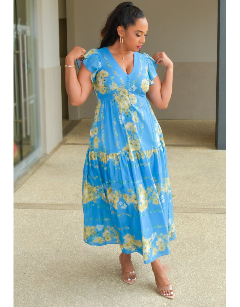 KARIO- Long Floral V-Neck Frill Arm Dress