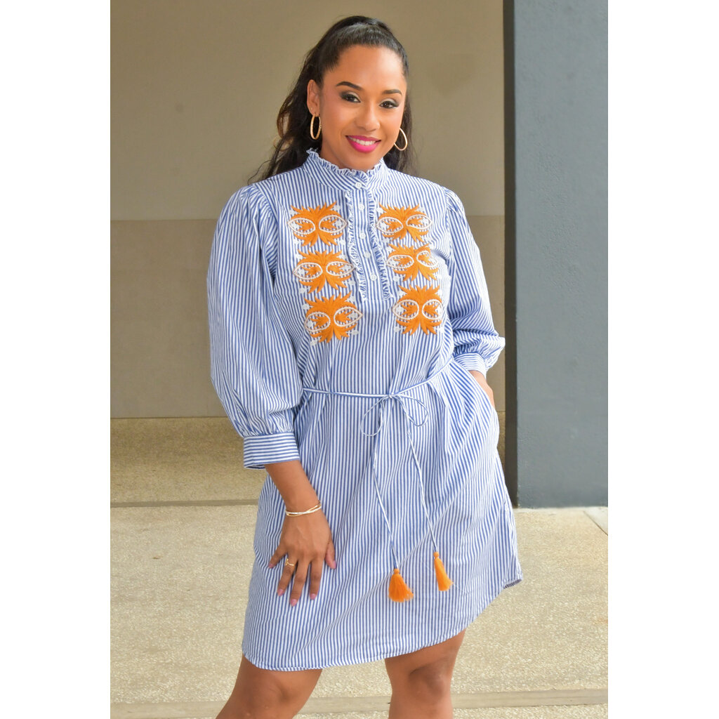 KHARI- Stripe Long Sleeve Dress with Embroidery