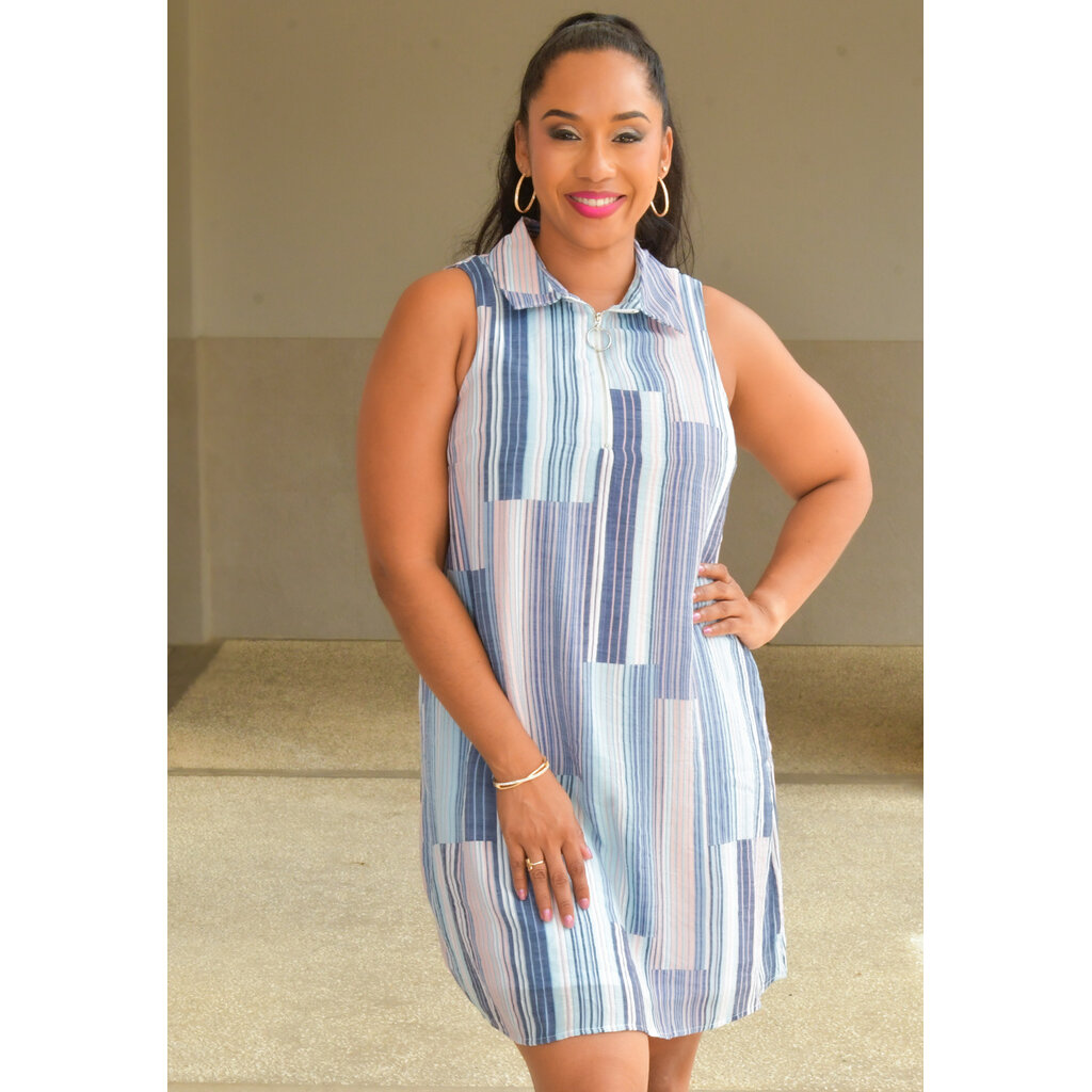 KLAVIO- Sleeveless Stripe Dress with Collar & Zip
