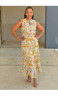 MSK KIRILL- Long Foil Print Elastic Waist Dress with Tie Neck