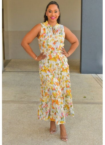 MSK KIRILL- Long Foil Print Elastic Waist Dress with Tie Neck