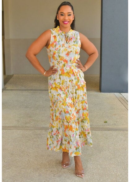 MSK KIRILL- Long Foil Print Elastic Waist Dress with Tie Neck