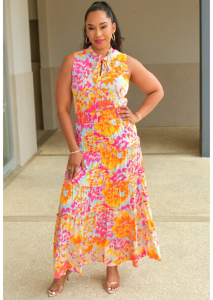 MSK KIRILL - Long Printed Dress with Elastic Waist