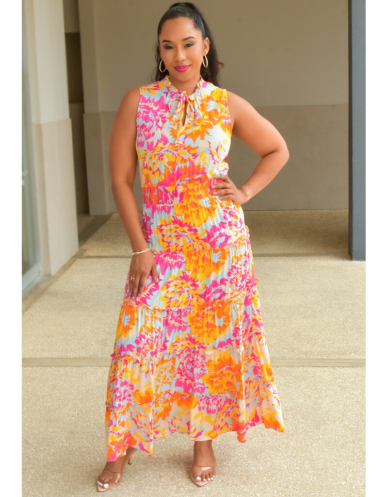 MSK KIRILL - Long Printed Dress with Elastic Waist