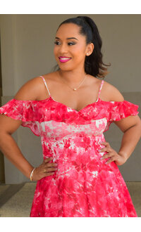 Maison Tara KIZZAH- Long Floral Dress with Frill Cold Shoulder