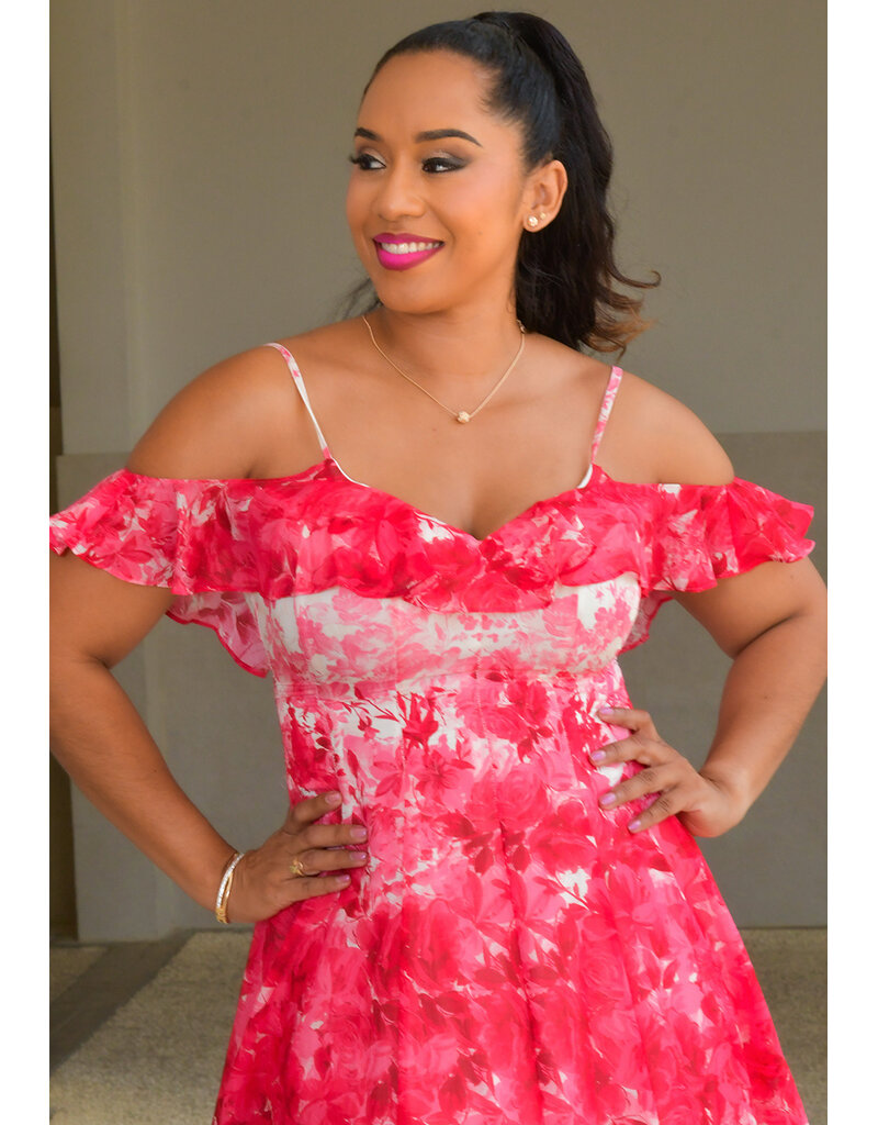 Maison Tara KIZZAH- Long Floral Dress with Frill Cold Shoulder