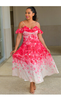 Maison Tara KIZZAH- Long Floral Dress with Frill Cold Shoulder