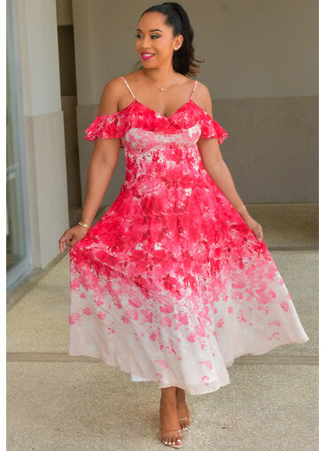 Maison Tara KIZZAH- Long Floral Dress with Frill Cold Shoulder