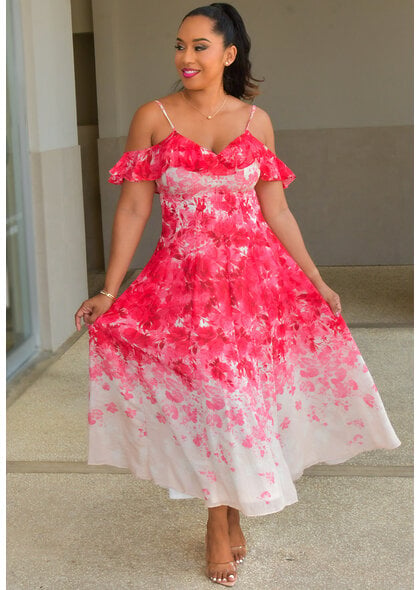 Maison Tara KIZZAH- Long Floral Dress with Frill Cold Shoulder