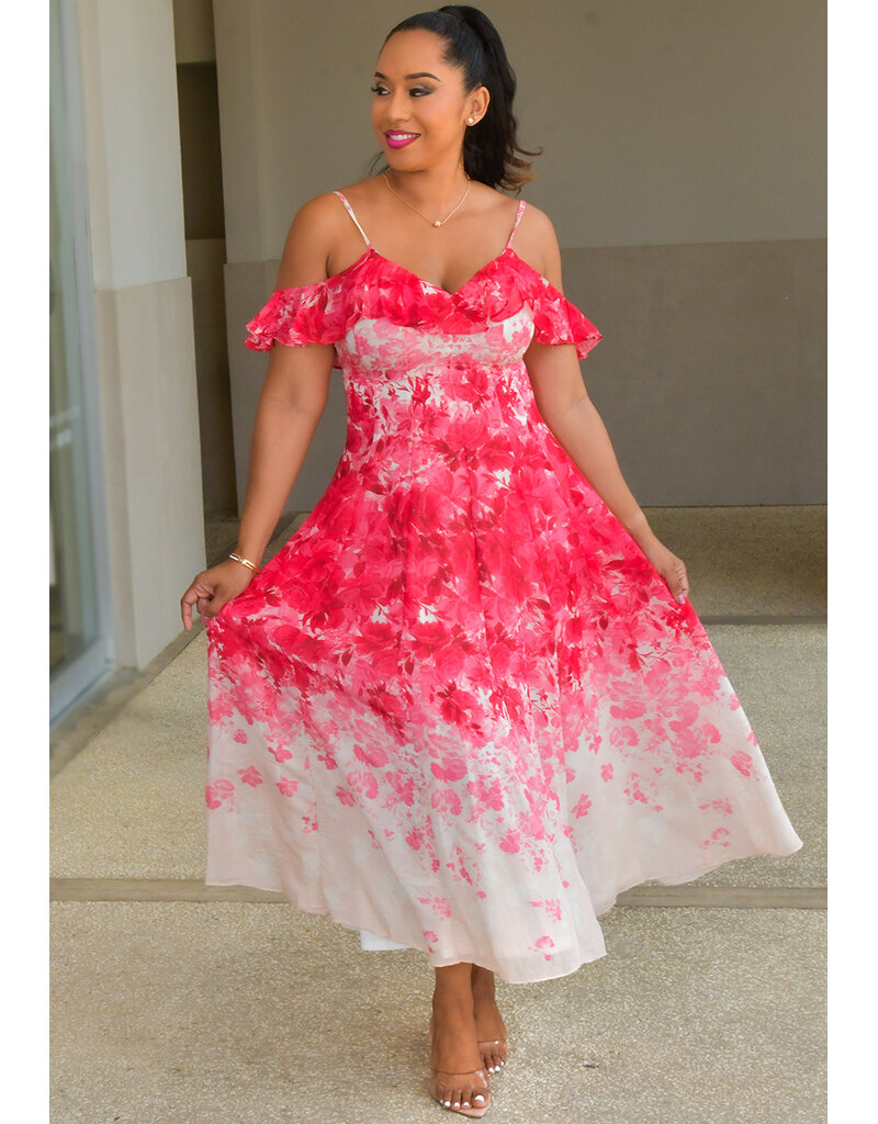 Maison Tara KIZZAH- Long Floral Dress with Frill Cold Shoulder
