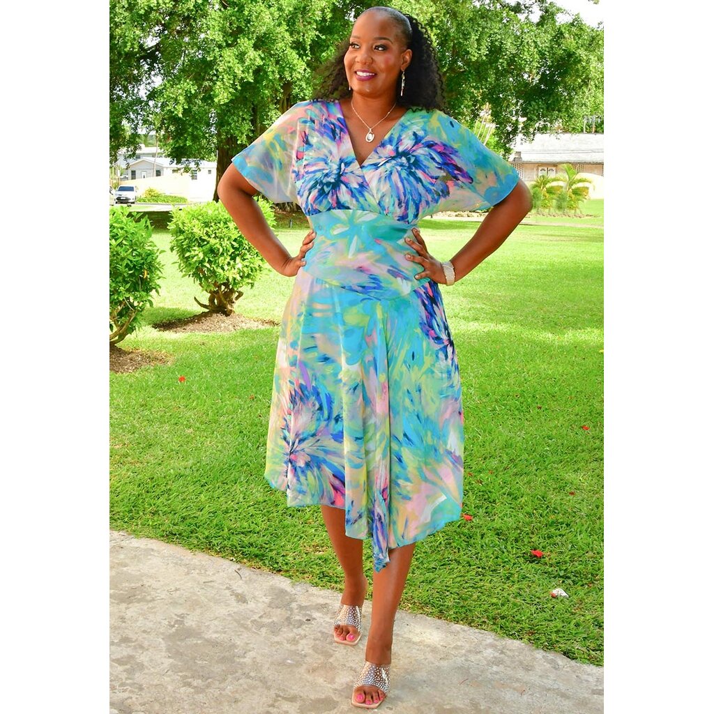 FERTIO- Long Printed Dress with Short Sleeves