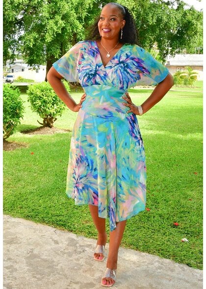 FERTIO- Long Printed Dress with Short Sleeves