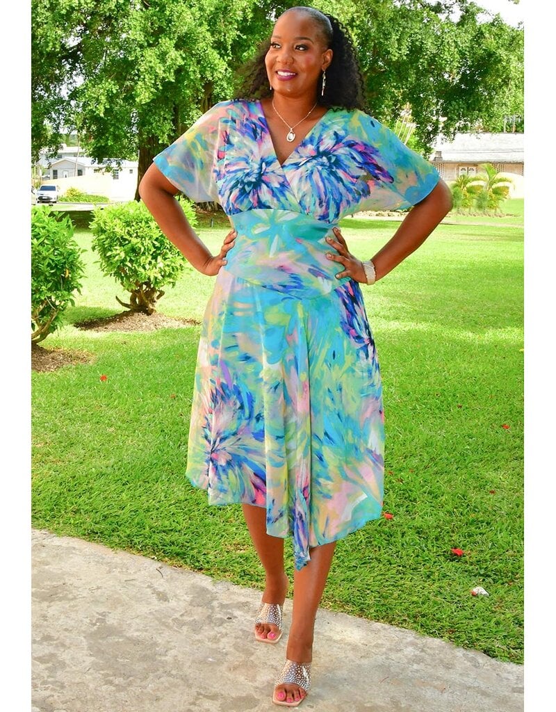 FERTIO- Long Printed Dress with Short Sleeves