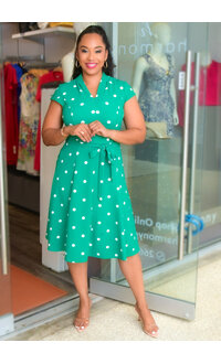Sharagano RENNA- Flare Polka Dot Cap Sleeves Dress with Band