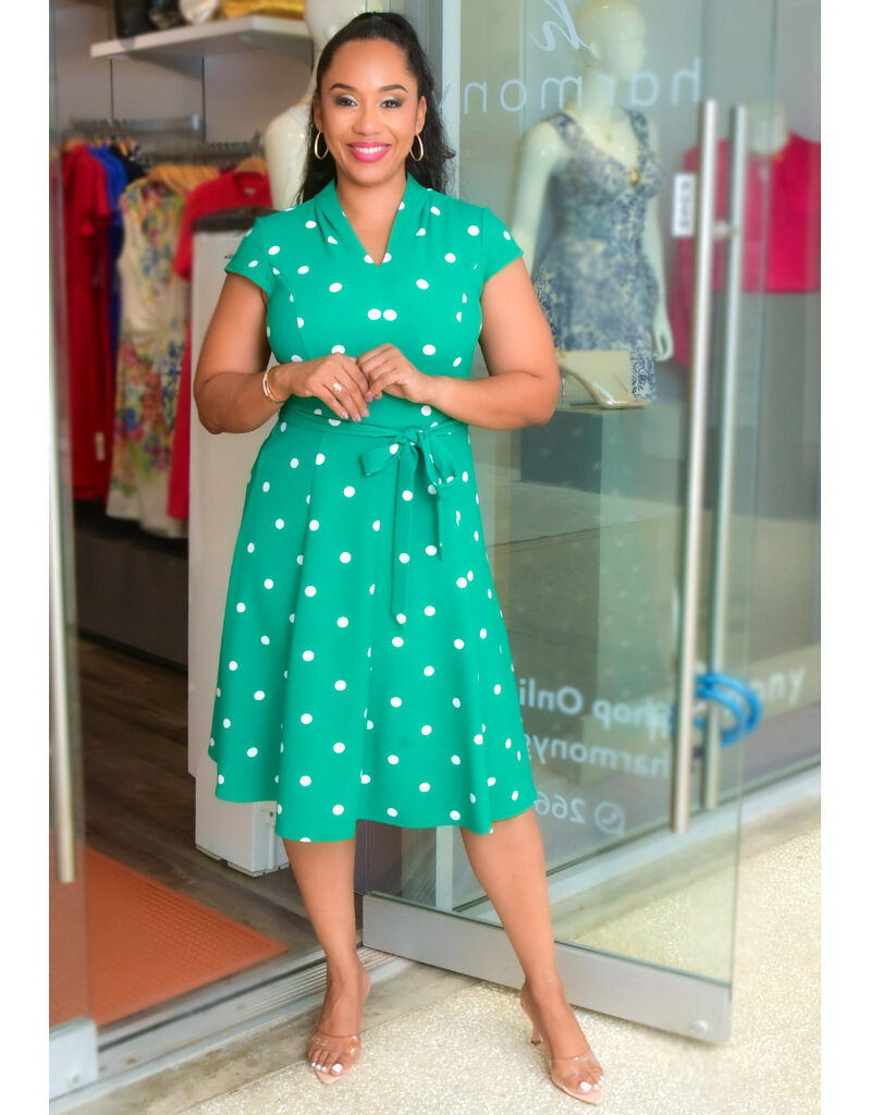 Sharagano RENNA- Flare Polka Dot Cap Sleeves Dress with Band