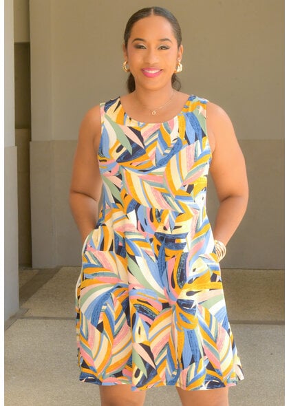 Nina Leonard IGENNA- Printed Round Neck Dress with Pockets