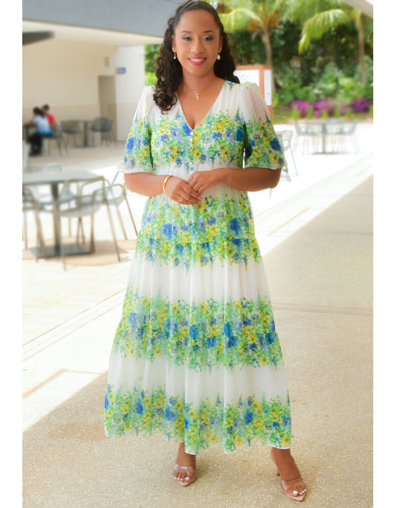 FRANKY- Floral Long 3/4 Balloon Sleeve Dress