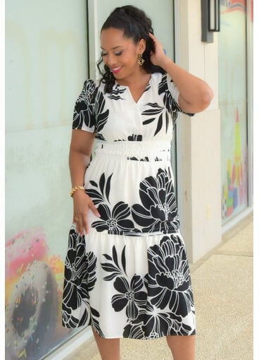 Signature KAISHA- Printed Split Neck Dress with Elastic Waist