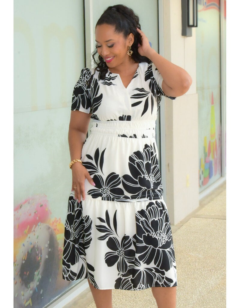 Signature KAISHA- Printed Split Neck Dress with Elastic Waist