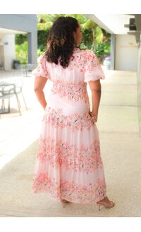 KLAUDIA- Long Floral V Neck Puff Sleeve Dress