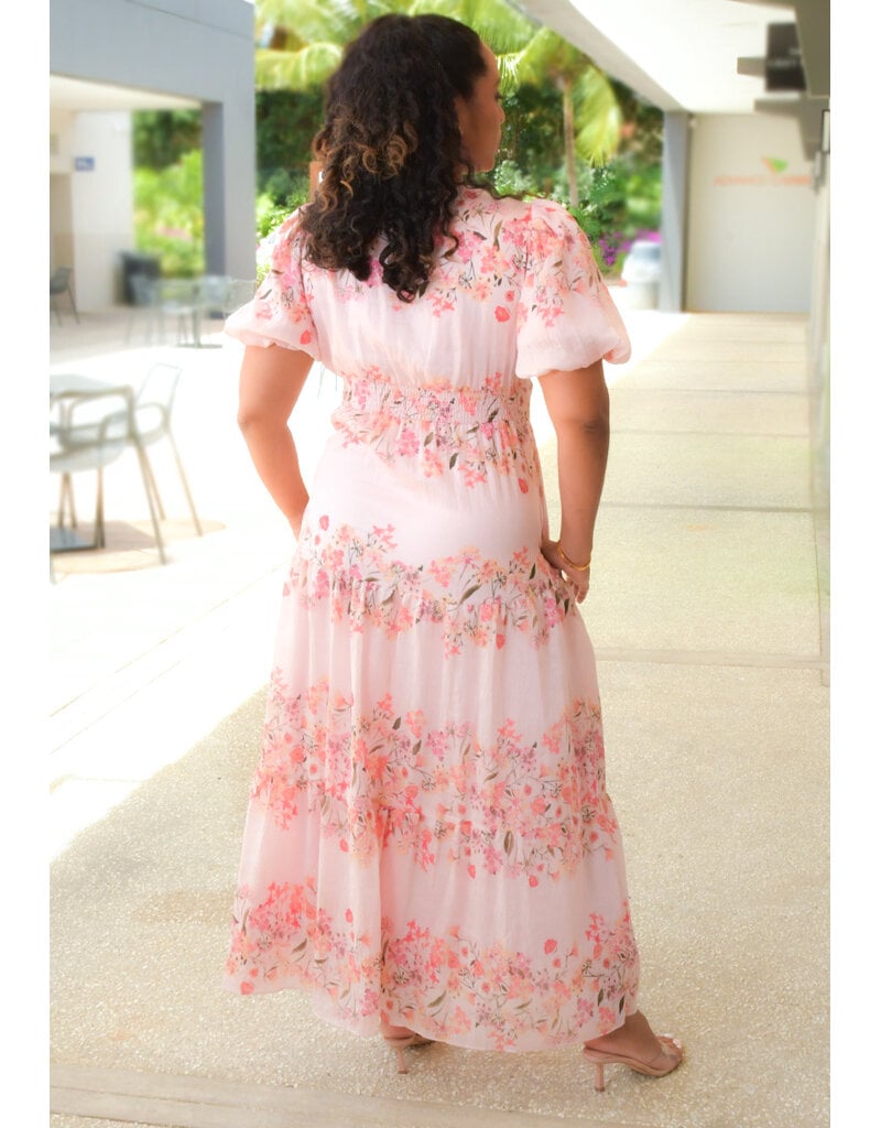 KLAUDIA- Long Floral V Neck Puff Sleeve Dress