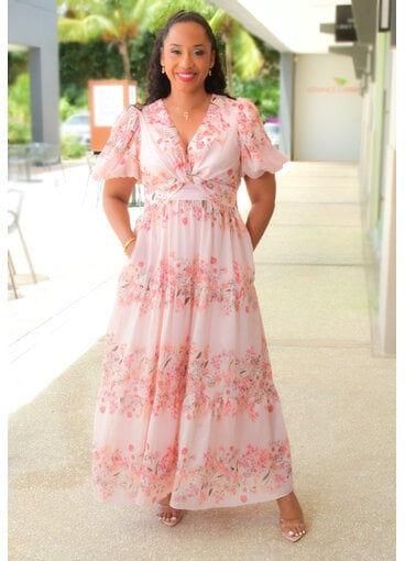 KLAUDIA- Long Floral V Neck Puff Sleeve Dress