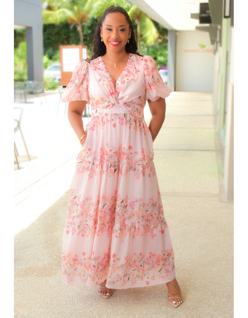 KLAUDIA- Long Floral V Neck Puff Sleeve Dress