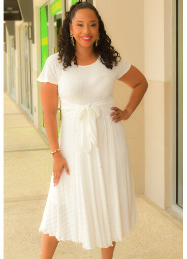 Signature ROYALTY- Short Sleeve Round Neck Dress with Tie