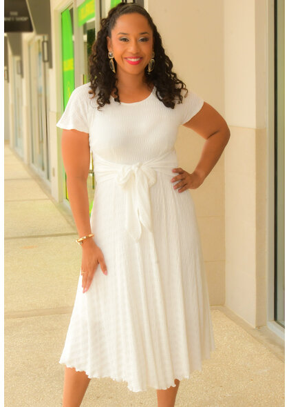 Signature ROYALTY- Short Sleeve Round Neck Dress with Tie