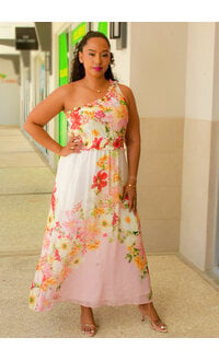 KARZA- Long Floral 1 Shoulder Dress with Elastic Waist