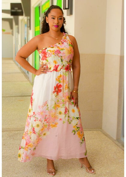 KARZA- Long Floral 1 Shoulder Dress with Elastic Waist