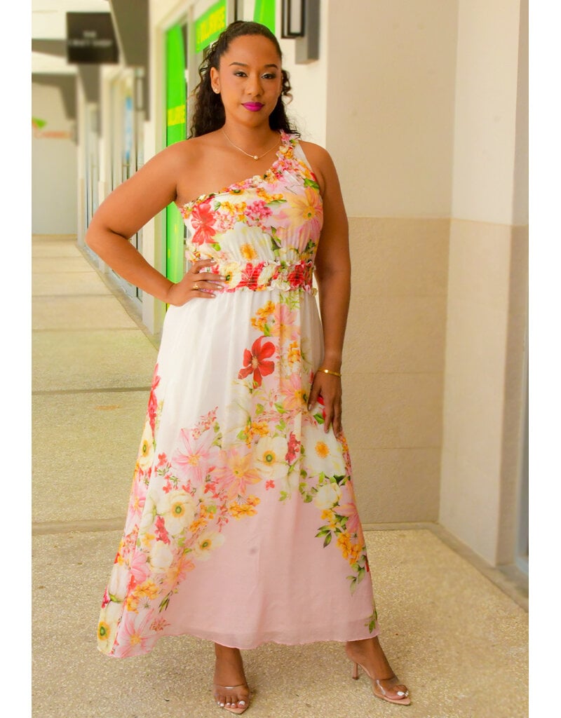 KARZA- Long Floral 1 Shoulder Dress with Elastic Waist