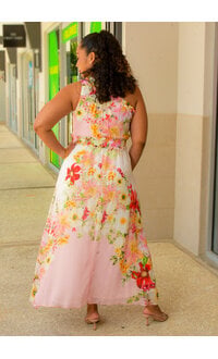 KARZA- Long Floral 1 Shoulder Dress with Elastic Waist