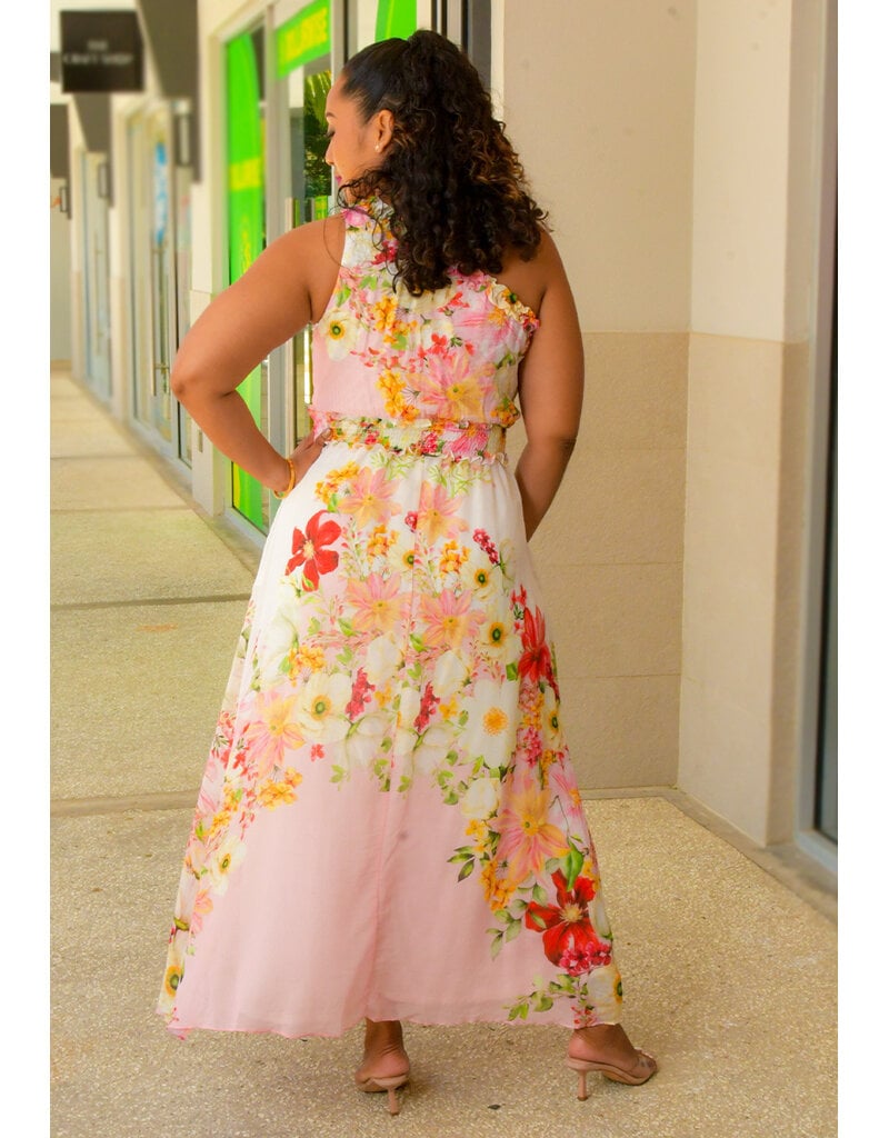 KARZA- Long Floral 1 Shoulder Dress with Elastic Waist