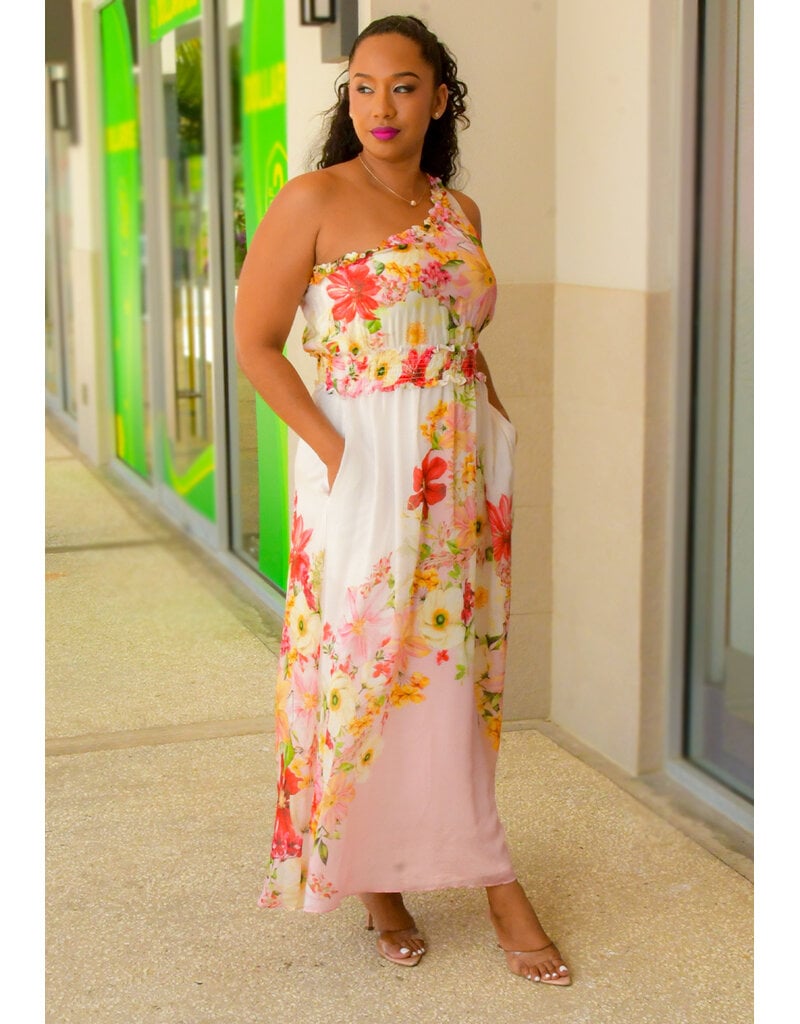 KARZA- Long Floral 1 Shoulder Dress with Elastic Waist